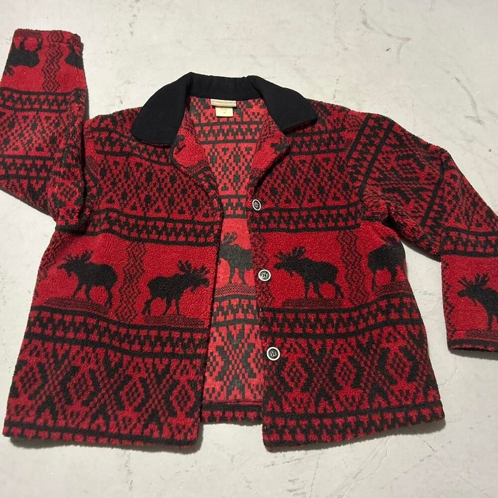 **David Paul New York Sweater Jacket - Red Fleece with Moose Design**